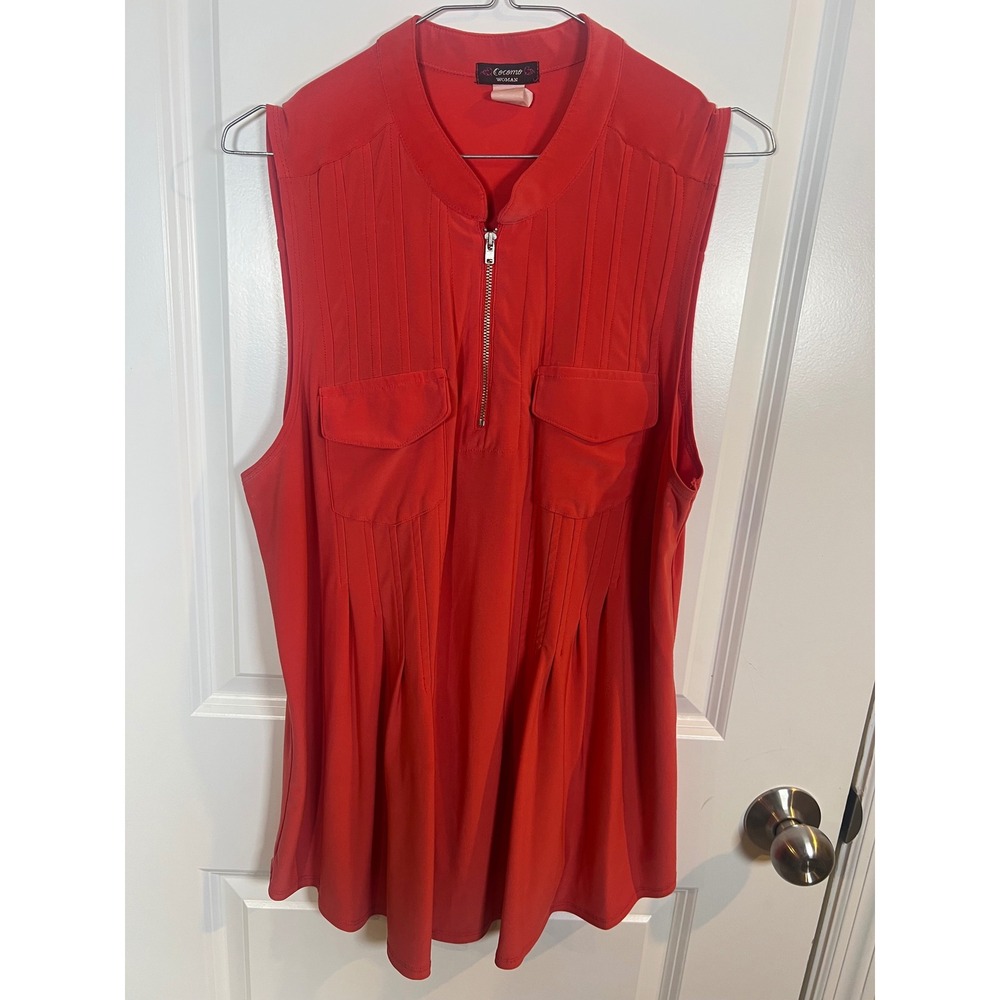 Cocomo Woman Sleeveless Blouse Red Pintuck Pleated Quarter Zip 30 Inch Length